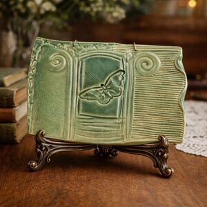 Carol‎ Long Pottery Green Butterfly Relief Ceramic Wall Plaque Tile Handmade OS
